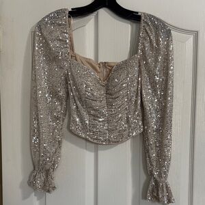 Windsor Champagne Sequin Ruched Sweetheart Long-Sleeve Crop Top